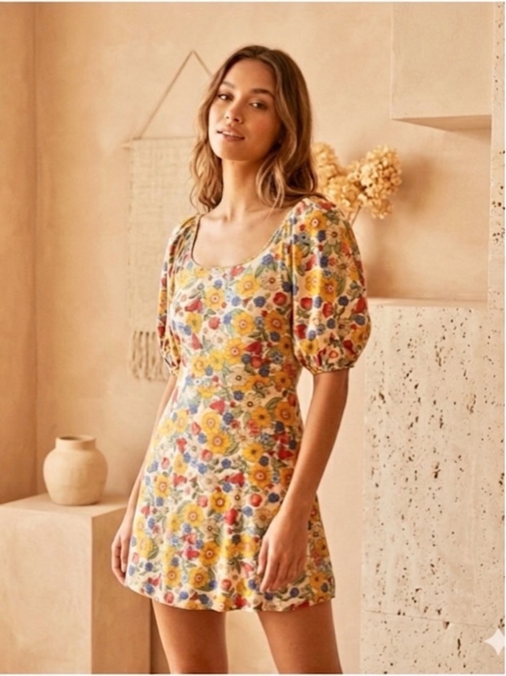 Velvet Torch Floral Mini Dress Puff Sleeve Lace Up Back Medium NWT